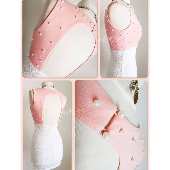 Last☝️ Pink Ivory Pearl Lace Fitted Bodycon Dress - Picture 4 of 8